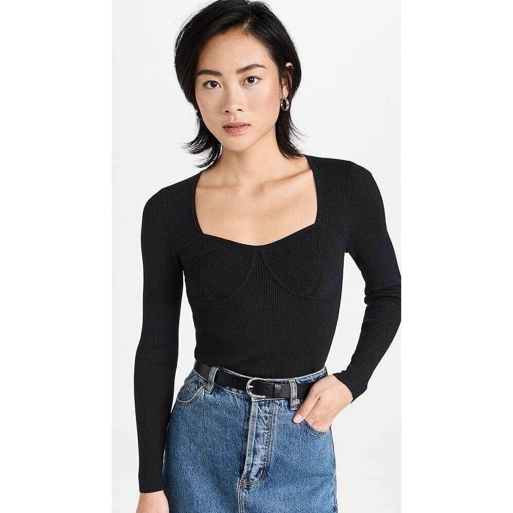 Madewell Small Wide Rib Sweater Corset Top Black Knit Sweetheart Pullover New